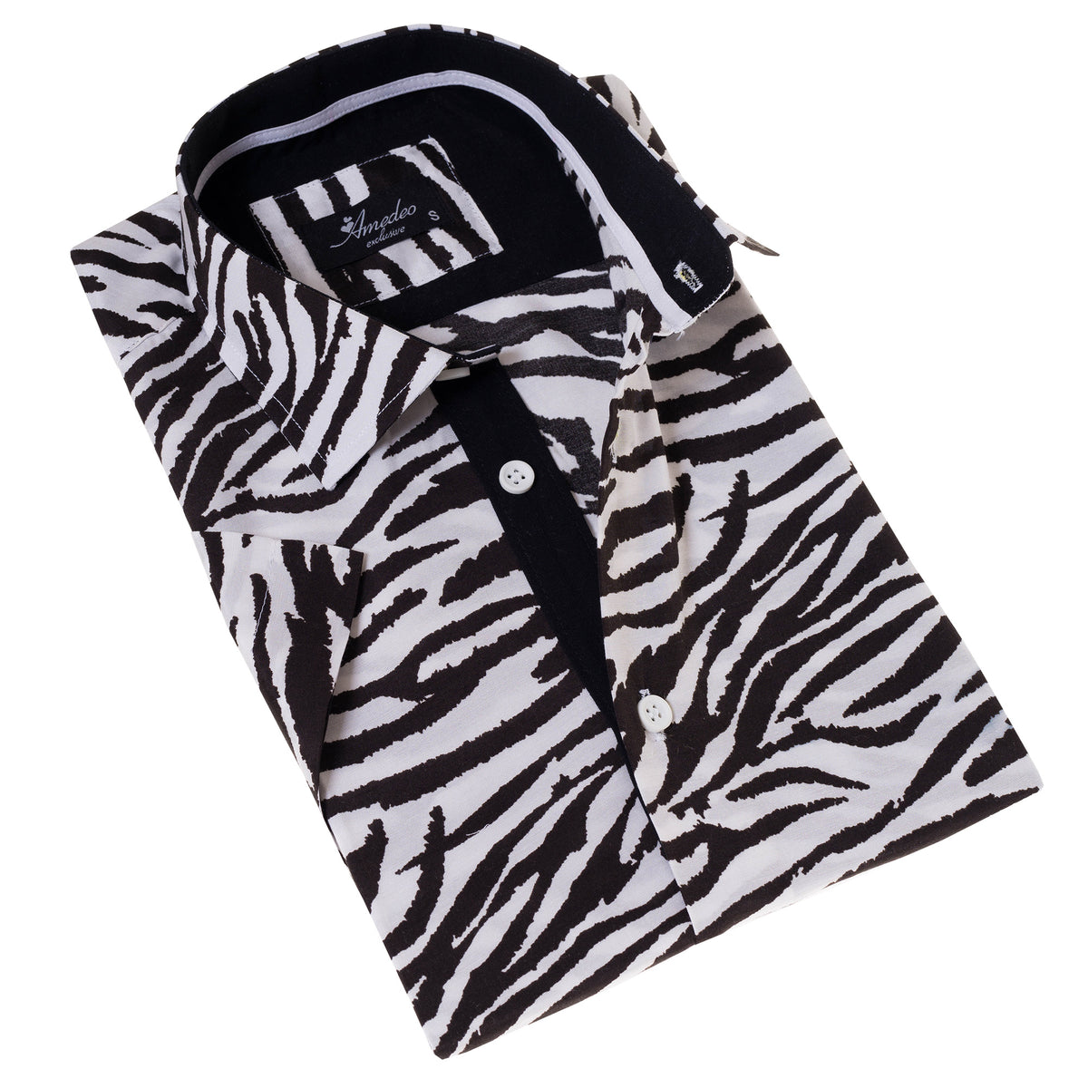 Black & White Zebra Paisley Slim Fit Short Sleeve Cotton Button-Up Shirt