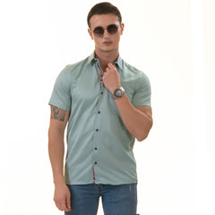 Green Purple Paisley Slim Fit Short Sleeve Cotton Button-Up Dress Shirt