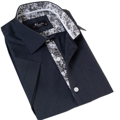 Navy Floral Paisley Slim Fit Short Sleeve Cotton Button-Up Dress Shirt