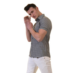 Black and White Mens Short Sleeve Button up Shirts - Tailored Slim Fit Cotton Dress Shirts
