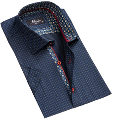 Men's Button down Tailor Fit Soft 100% Cotton Short Sleeve Dress Shirt Navy Blue Circles casual And Formal - Amedeo Exclusive