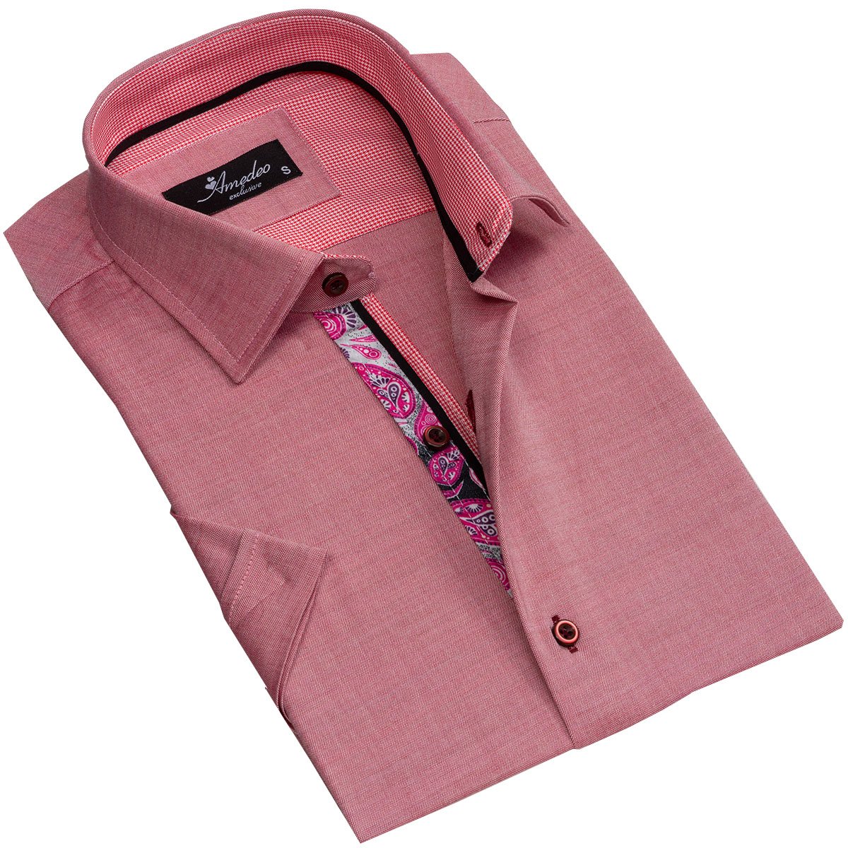 Men's Button down Tailor Fit Soft 100% Cotton Short Sleeve Dress Shirt Solid Pink Paisley casual And Formal - Amedeo Exclusive