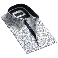 Men's Button down Tailor Fit Soft 100% Cotton Short Sleeve Dress Shirt White Navy Blue Floral casual And Formal - Amedeo Exclusive