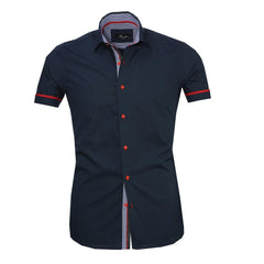 Men's Button down Tailor Fit Soft 100% Cotton Short Sleeve Dress Shirt Solid Navy Blue casual And Formal - Amedeo Exclusive