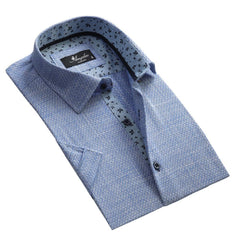 Men's Button down Tailor Fit Soft 100% Cotton Short Sleeve Dress Shirt Blue White Squares casual And Formal - Amedeo Exclusive
