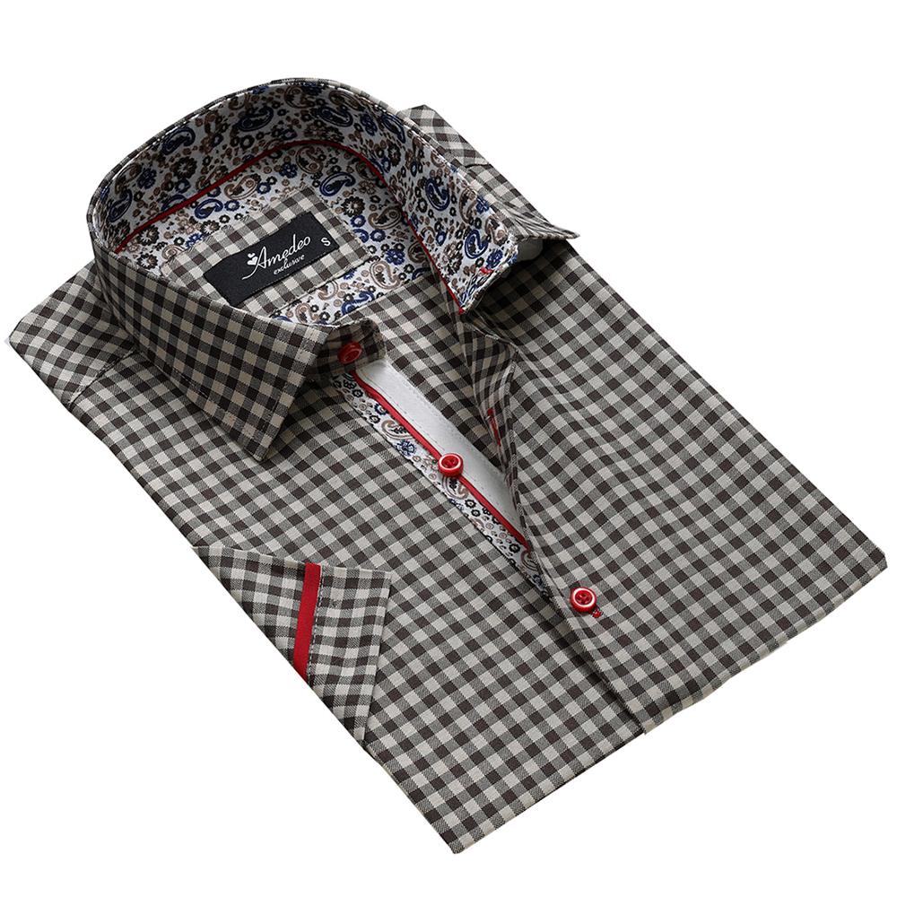 Men's Button down Tailor Fit Soft 100% Cotton Short Sleeve Dress Shirt Beige Black Checkered Paisley casual And Formal - Amedeo Exclusive