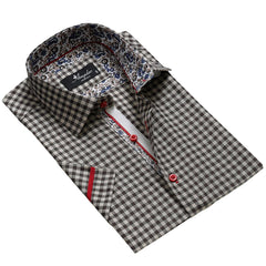 Men's Button down Tailor Fit Soft 100% Cotton Short Sleeve Dress Shirt Beige Black Checkered Paisley casual And Formal - Amedeo Exclusive
