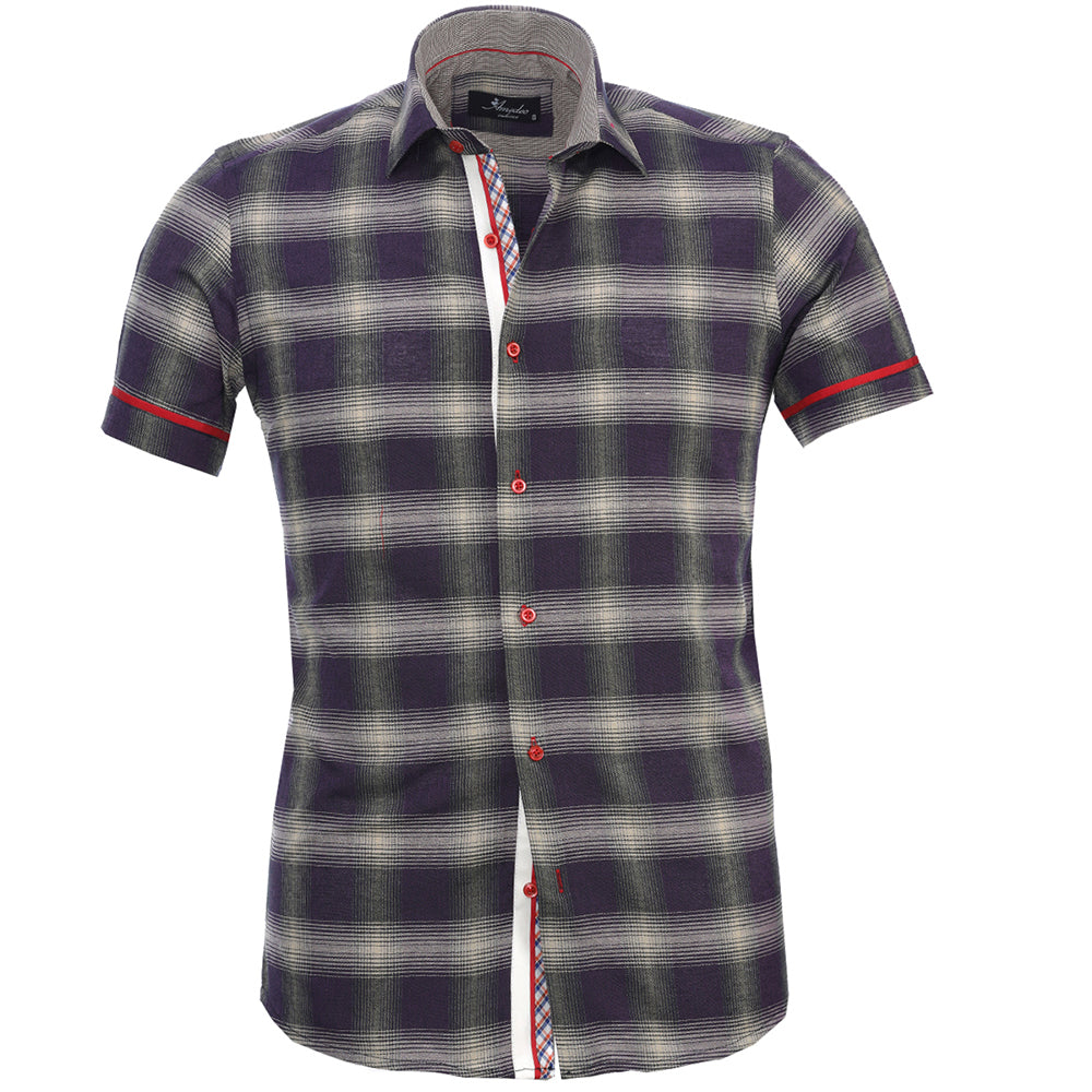 Men's Button down Tailor Fit Soft 100% Cotton Short Sleeve Dress Shirt Purple Grey Checkered casual And Formal - Amedeo Exclusive