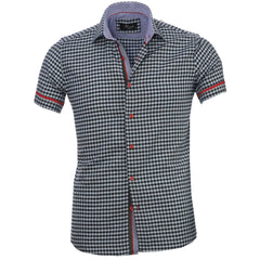 Men's Button down Tailor Fit Soft 100% Cotton Short Sleeve Dress Shirt Light Blue Black Checkered casual And Formal - Amedeo Exclusive