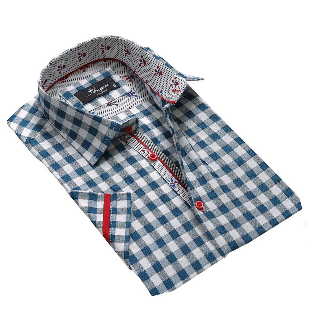 Men's Button down Tailor Fit Soft 100% Cotton Short Sleeve Dress Shirt Blue White Checkered casual And Formal - Amedeo Exclusive
