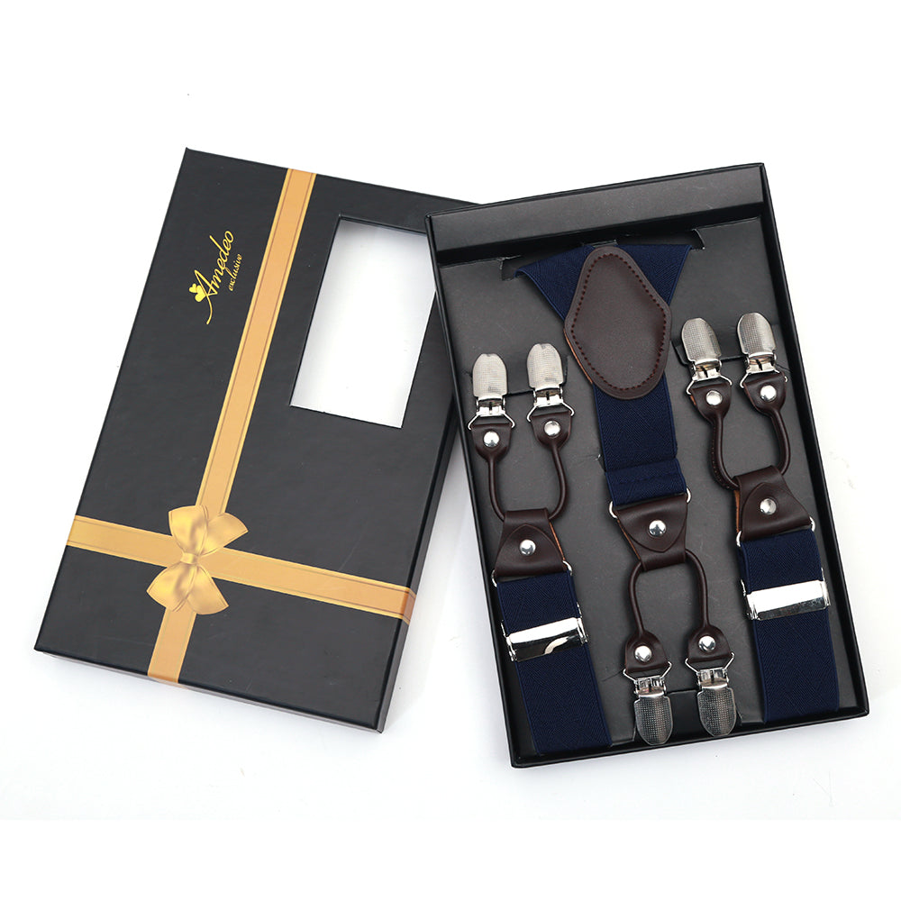 Men's Dual Clip Y Back  Navy Blue Check High Quality Premium Suspenders - Amedeo Exclusive