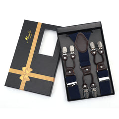 Men's Dual Clip Y Back  Navy Blue Check High Quality Premium Suspenders - Amedeo Exclusive