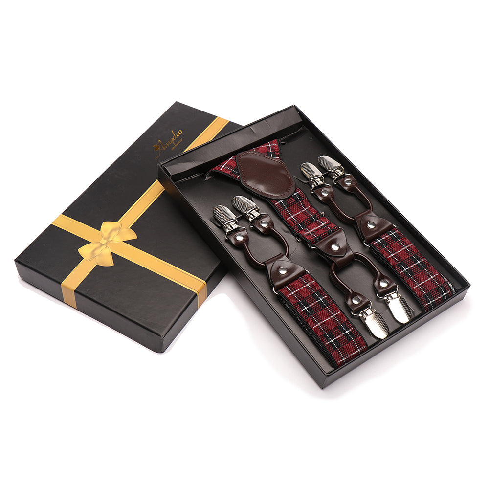 Men's Elastic Y Red Check Strap Dual Clip on High Quality Premium Suspenders - Amedeo Exclusive