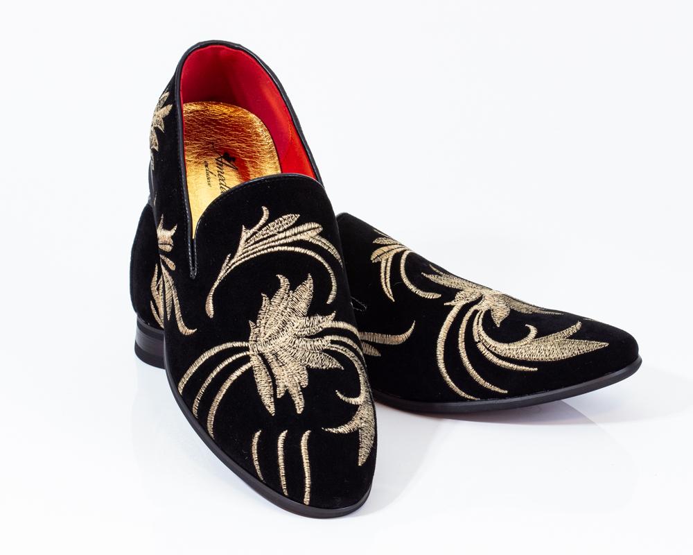Premium Black And Golden Flowers Loafers for men designer slip on casual / dress shoes – Luxury - Amedeo Exclusive