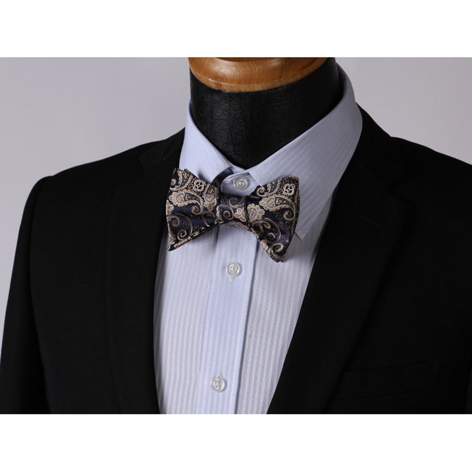 Gold Navy Blue Paisley Mens Silk Self tie Bow Tie with Pocket Squares Set - Amedeo Exclusive