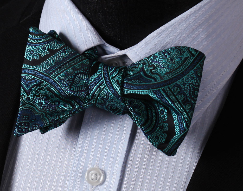 Men's Silk Aqua Floral check Self  Bow Tie with Pocket Handkerchief - Amedeo Exclusive