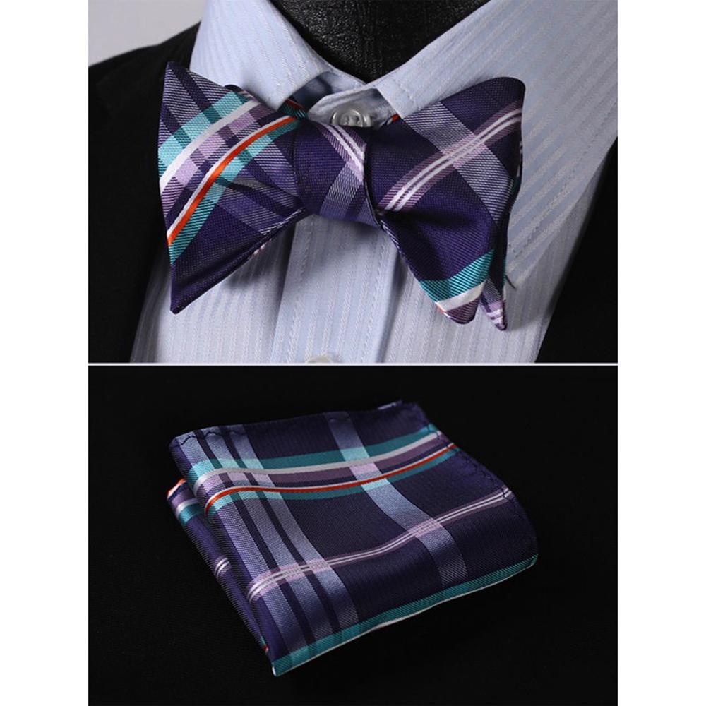 Men's Purple Aqua Orange Check Bow Tie & Pocket Handkerchief - Identical 61 - Amedeo Exclusive