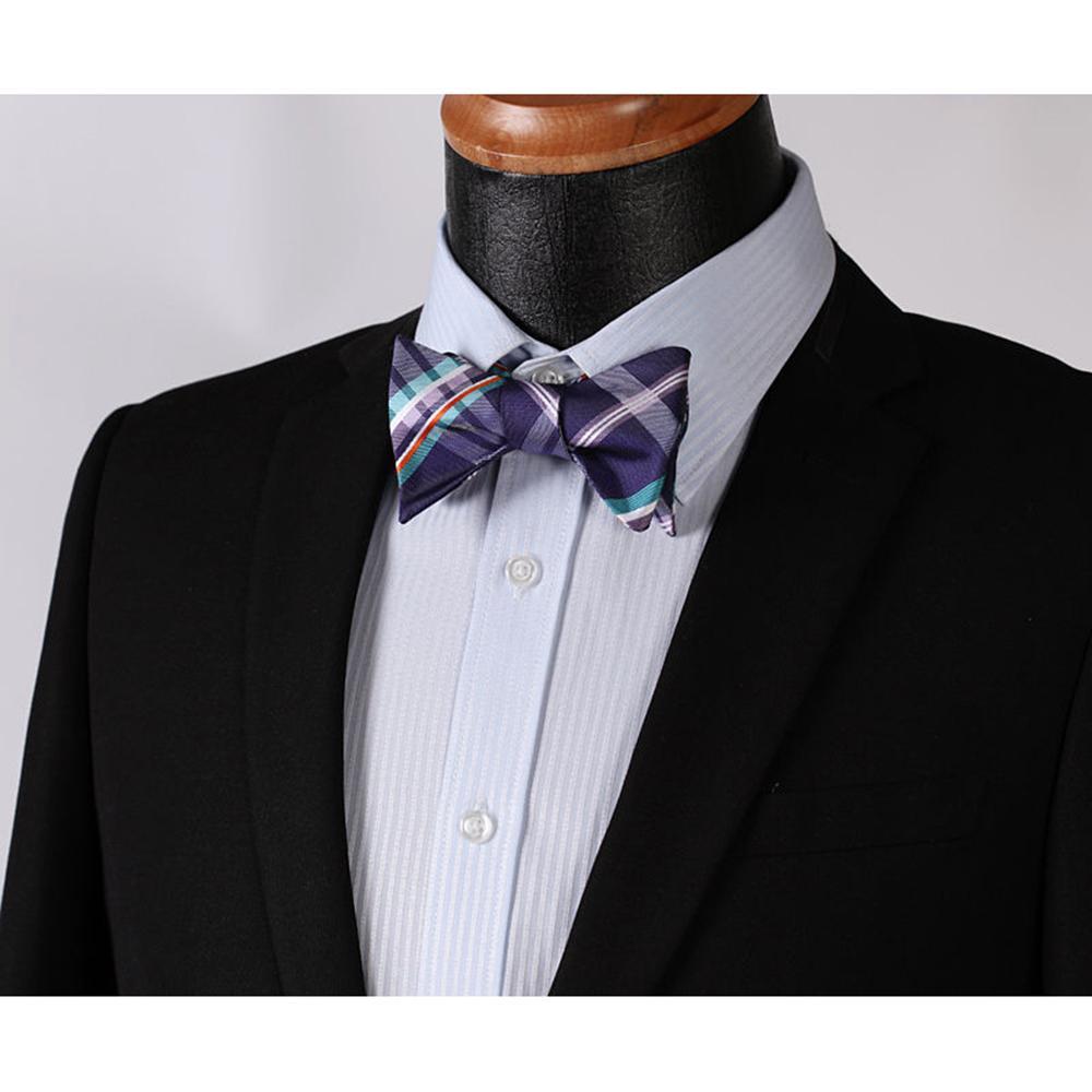 Men's Purple Aqua Orange Check Bow Tie & Pocket Handkerchief - Identical 4 - Amedeo Exclusive