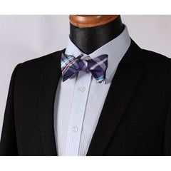 Men's Purple Aqua Orange Check Bow Tie & Pocket Handkerchief - Identical 4 - Amedeo Exclusive